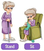 palabras opuestas con stand and sit vector