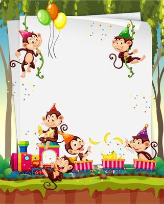 Blank banner with many monkeys in party theme