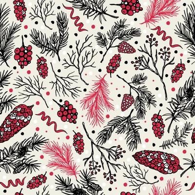 Christmas seamless pattern with christmas cones and plants