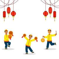 Cymbaling Three Boys For Chinese Lion Dance vector