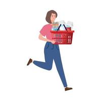 mujer con canasta de compras llena de comestibles vector