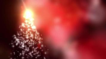 as luzes das estrelas dos flocos de neve convergem para a árvore de natal com fundo vermelho bokeh video