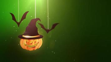 Halloween green background animation with pumpkin and Bats falling down and hanging on strings video