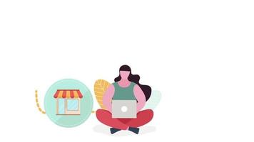pop-up beweging van vrouw online winkelen met laptop