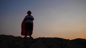 Silhouette d'un garçon s'amusant habillé en super-héros s'exécutant dans un champ video