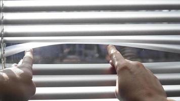 dedos caucásicos abriendo la persiana de la ventana para mirar hacia afuera. asomando por la persiana blanca de la ventana para ver el exterior. pequeños paneles blancos video