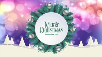 Merry Christmas greeting card animation colorful bokeh background trees snow