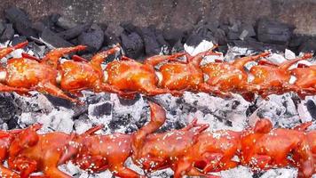 delicioso pollo asado a la parrilla con llama. video