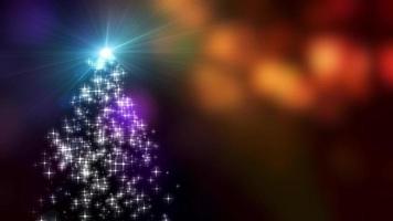 as luzes das estrelas dos flocos de neve convergem para a árvore de natal com fundo colorido bokeh video