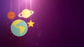 flat design planets falling down hanging on string pink background star earth saturn video