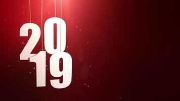 Happy New Year 2019 white paper numbers hanging on strings falling down red background