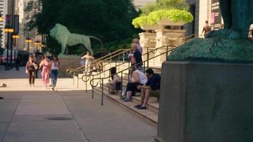 Les gens dans les escaliers et la sculpture de lion à l'extérieur de l'institut d'art de chicago video