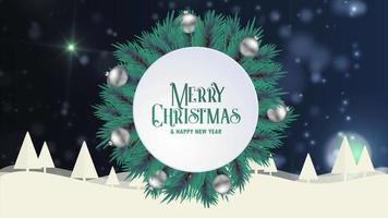 Merry Christmas greeting card animation blue bokeh background trees snow video