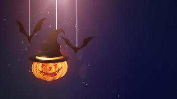 animazione di sfondo blu di Halloween con zucca e pipistrelli che cadono e appesi a stringhe