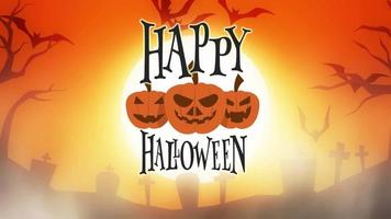 geanimeerde happy halloween-wenskaart met pompoenen, maan en vleermuizen