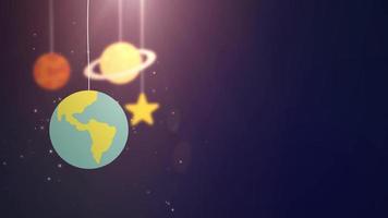 flat design planets falling down hanging on string blue background star earth saturn video