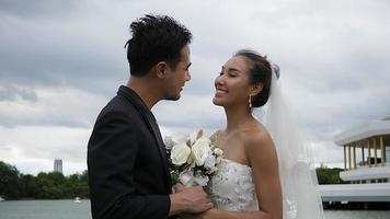 Slow motion Of Wedding Bride and groom Happy Fun in the park video