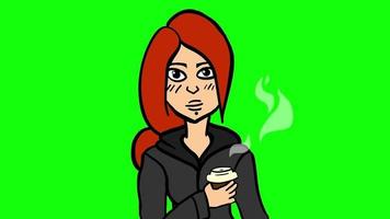 Cartoon-Mädchen, das Kaffee mit Alpha-Kanal trinkt video