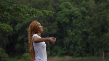 Beautiful Young Woman standing with arms raised enjoy in nature video