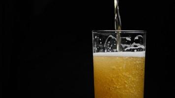 La cerveza se vierte en un vaso con espuma deslizándose por el lado del vaso de cerveza