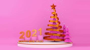 Golden ribbon pine tree with snow and happy new year two thousand twenty-one video