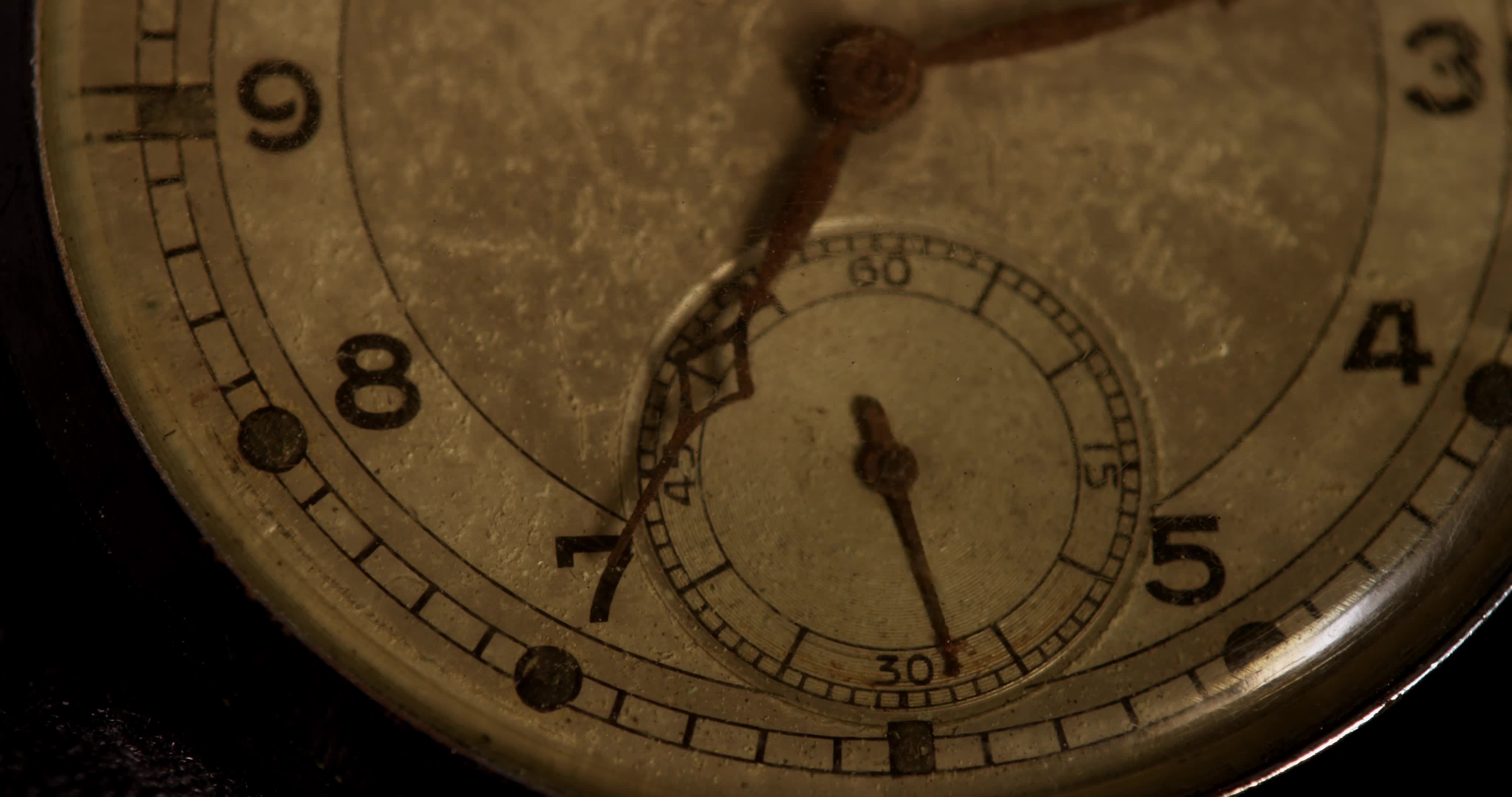 Extreme close up shot of clock hands moving from 700 to 745 in 4K