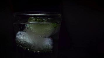 colocando un hielo con hojas de menta en agua mineral video