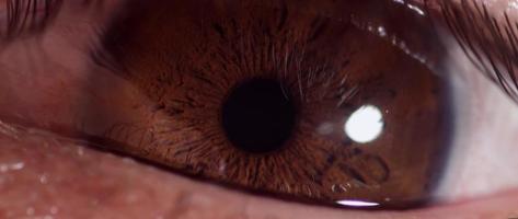 frontale ravvicinata dell'occhio umano con iride marrone lampeggiante in 4K video
