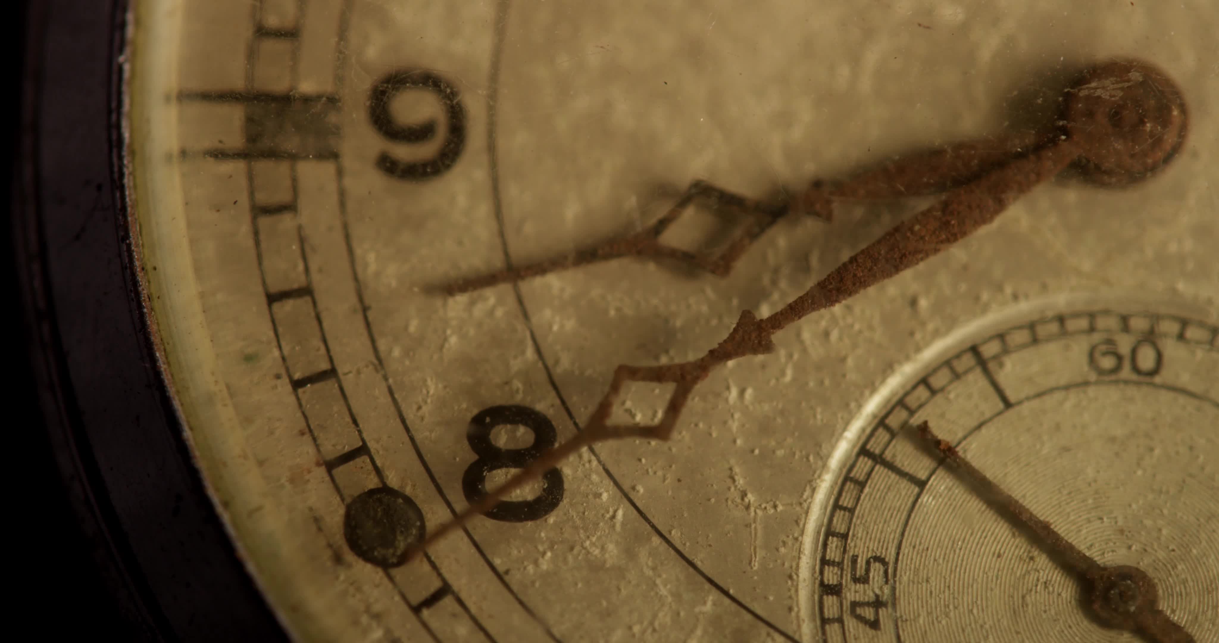 Extreme close up shot of clock hands moving from 840 to 855 in 4K