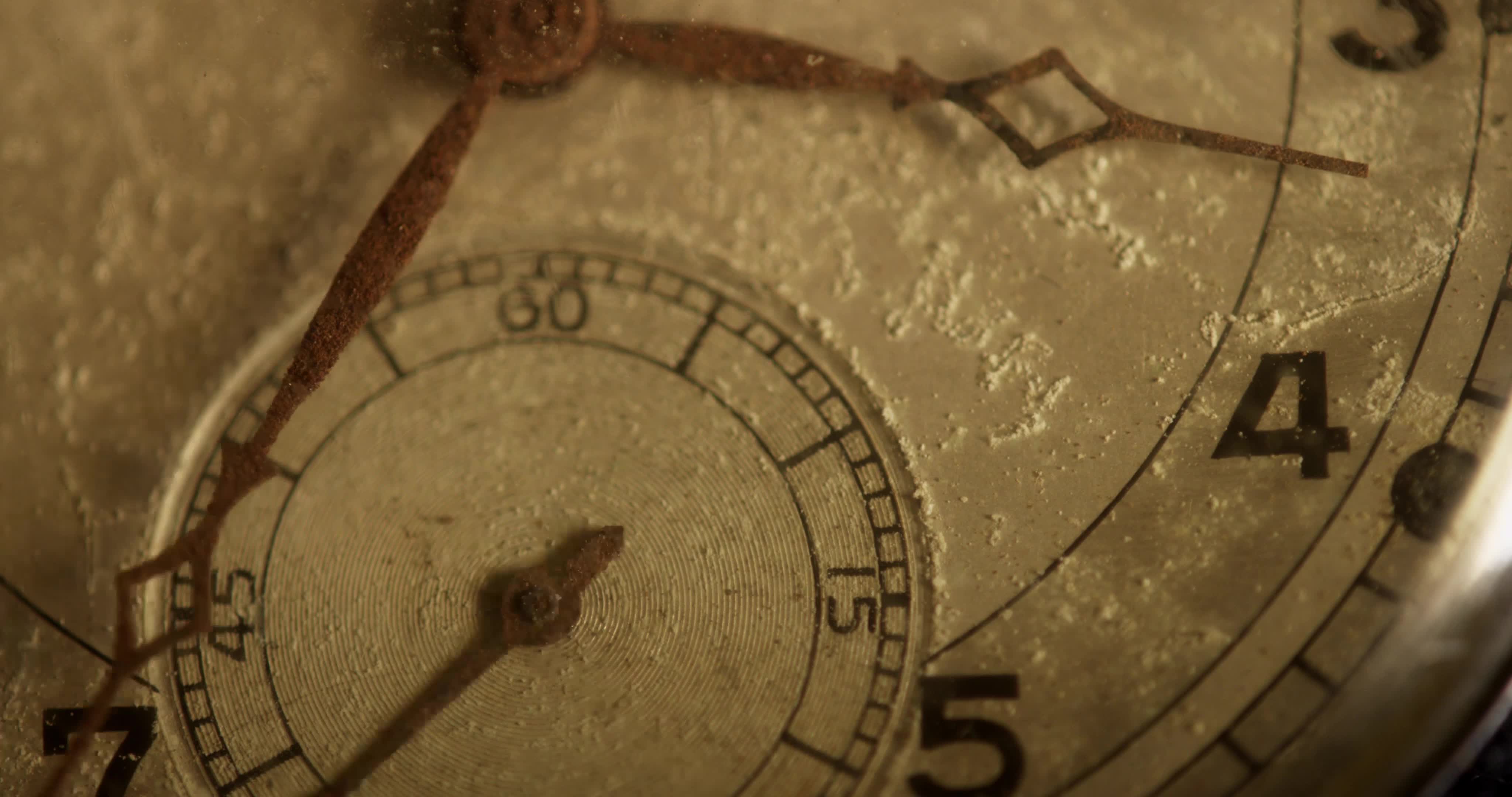 Extreme close up shot of clock hands moving from 330 to 540 in 4K