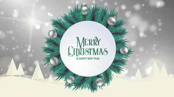 Merry Christmas greeting card animation grey bokeh background trees snow video