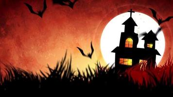 Animación de fondo de Halloween con el concepto de espeluznantes calabazas, luna y murciélagos y castillo encantado. video