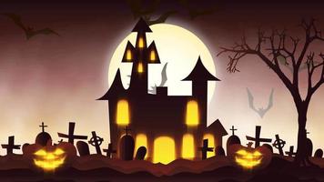 animation of a spooky haunted house with Jack-o-lantern Halloween pumpkins video