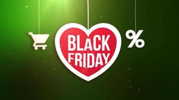 black friday heart sign hanging on string with shopping cart and percent icon video