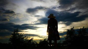 Silhouette of woman raising her hands with the setting sun in the background video