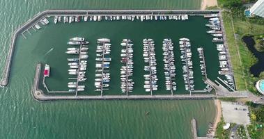 Aerial view of Marina yacht boat on the bay