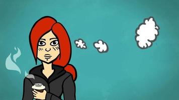 Cartoon girl bere caffè e pensare su sfondo verde acqua video