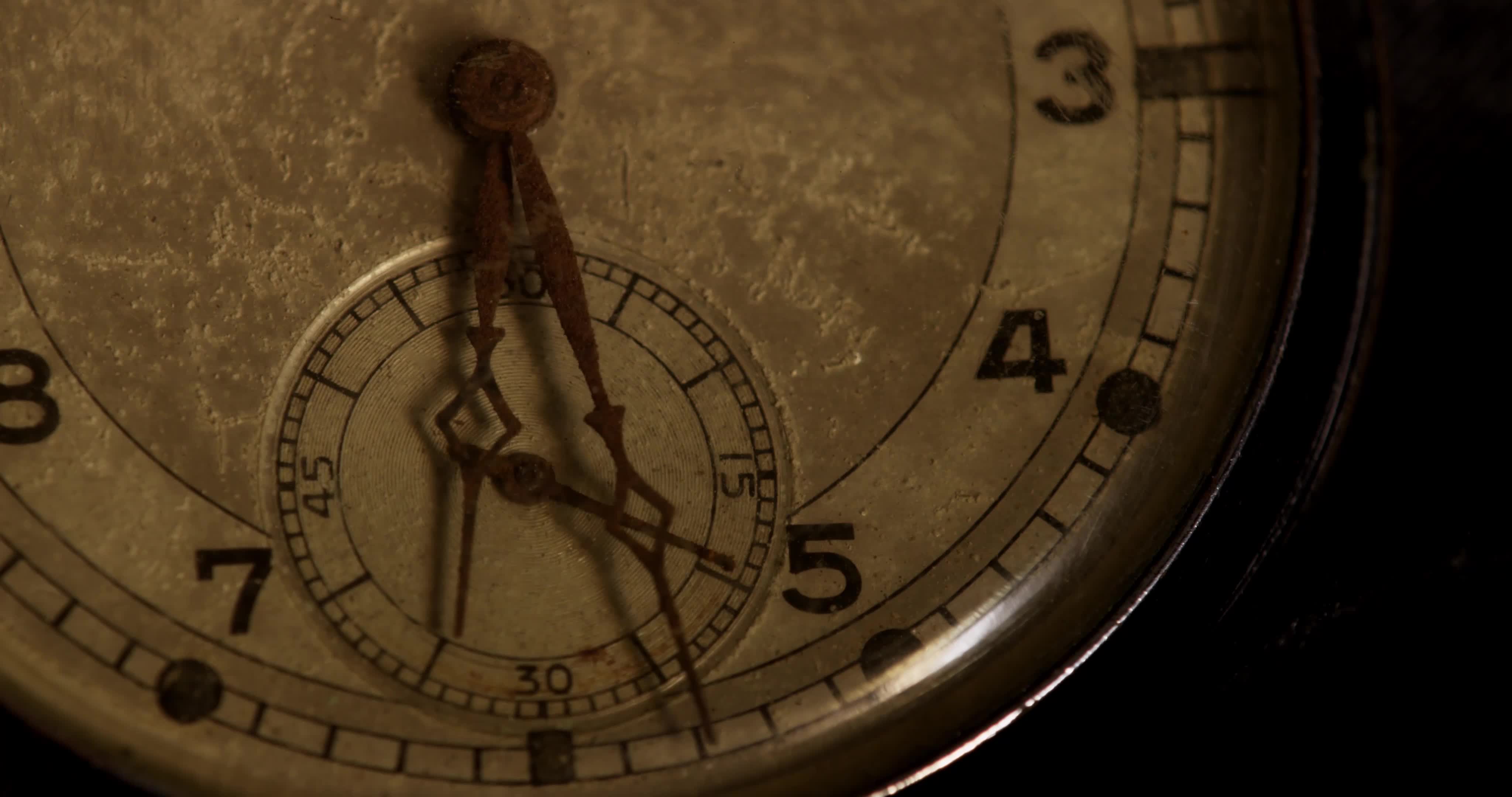 Extreme close up shot of clock hands moving from 620 to 700 in 4K