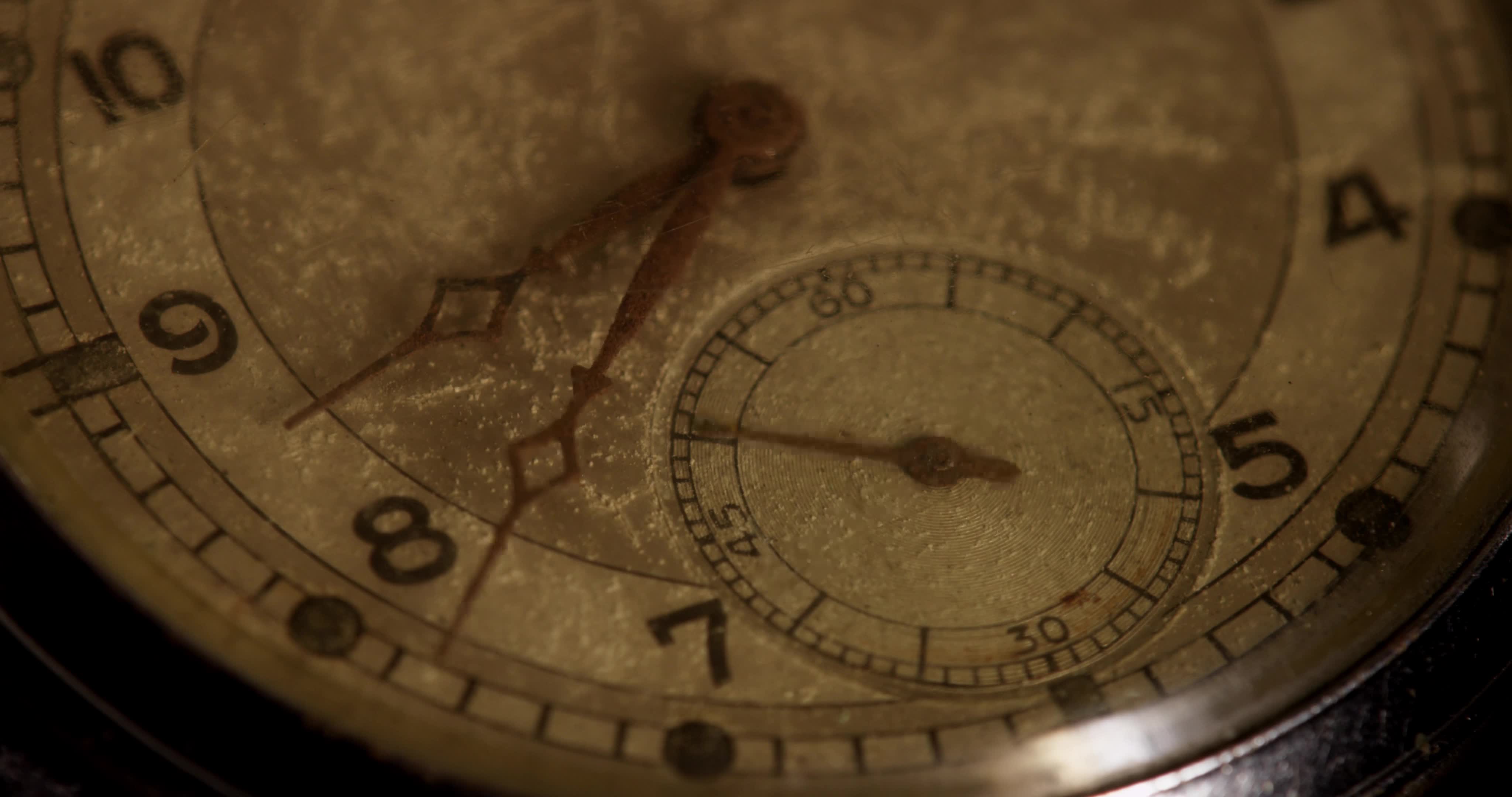 Extreme close up shot of clock hands moving from 835 to 850 in 4K