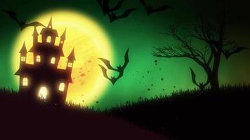 animation of a spooky haunted house with Jack-o-lantern Halloween pumpkins
