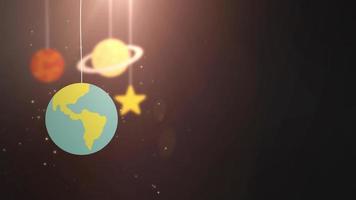 flat design planets falling down hanging on string black background star earth saturn video