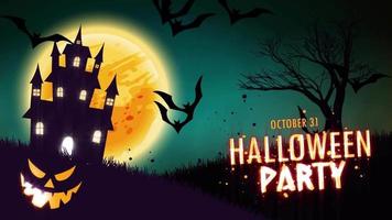 Animación de invitación de fiesta de Halloween de una casa embrujada espeluznante con calabazas de Halloween Jack-o-lantern
