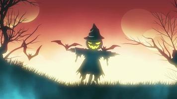 Animación de fondo de Halloween con el concepto de espeluznante espantapájaros y murciélagos fondo naranja video