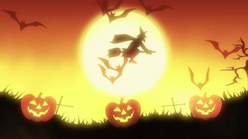 Animación de fondo de Halloween con el concepto de espeluznantes calabazas, luna y murciélagos con fondo naranja video