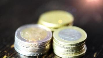 Euro coin on wooden table- financial power concept, closeup dolly shot video