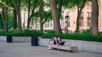 homme couché, lecture, sur, banc parc video