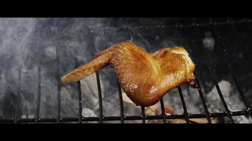 Grigliare le ali di pollo alla griglia su una griglia affumicata a legna - bbq 052 video