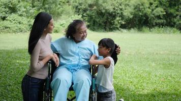 grand-mère assise sur un fauteuil roulant avec sa fille et sa petite-fille profiter dans le parc ensemble
