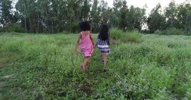 Two little girls running around the park