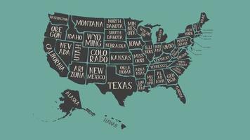 animação de mapa americano vintage com nomes de estados